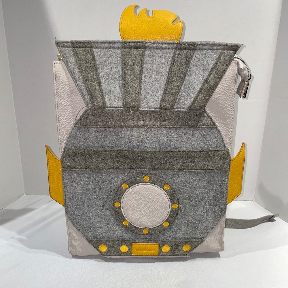 Coco Village Rocket Ship Backpack Grey Yellow Faux Leather Felt Space Bag